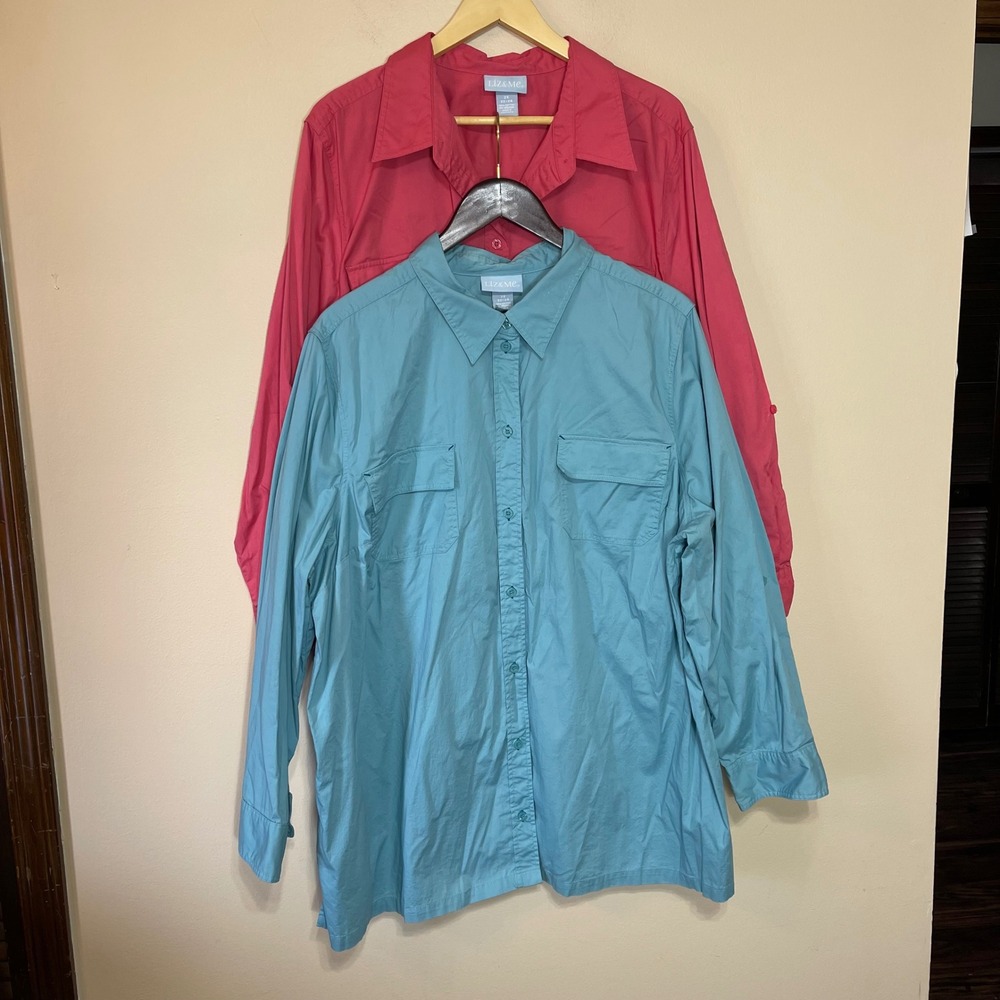 (Lot of 2) Liz & Me Womens 2X Plus Button Up Tunic Shirt Pink Teal Roll Up